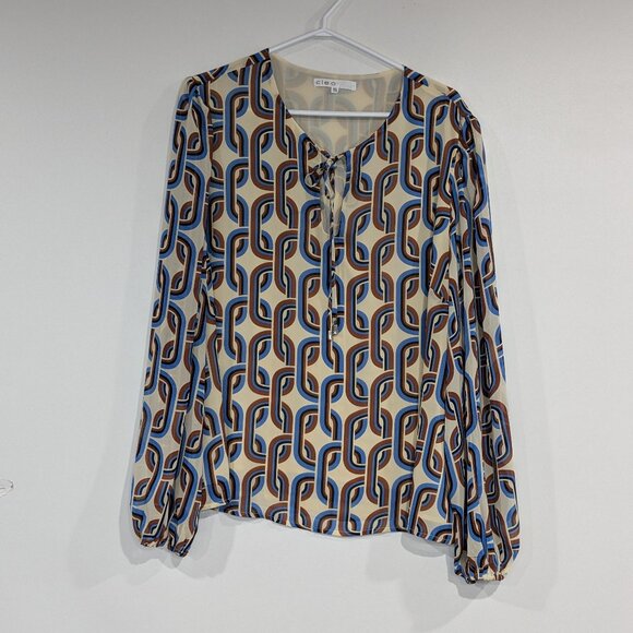 Cleo Chainlink Pattern Blouse with Tie at Neck Cream Brown Blue Size XXL - Picture 1 of 3